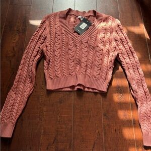 Fashion Nova Pink V-Neck Sweater with Cable Knit Design